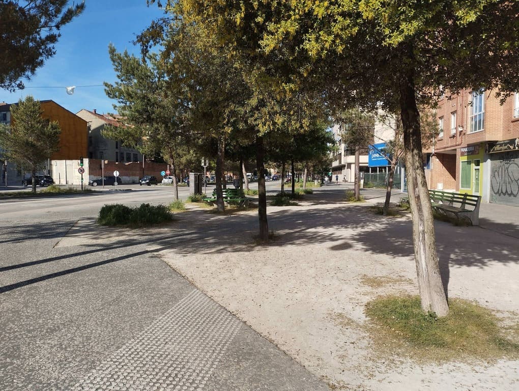 Vista del Bulevar del Ferrocarril con árboles y zona peatonal en Burgos